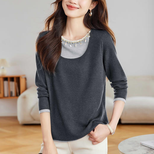 25103MYS-148设计感小众上衣女春秋假两件打底衫2025新款气质轻奢减龄毛衣短款 商品图2