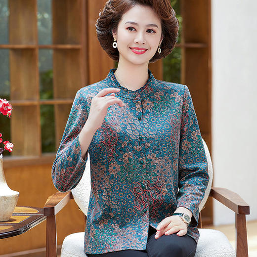 洋气款衬衫妈妈装 长袖秋款衬衫中老年女装妈妈装上衣宽松丝缎 商品图1