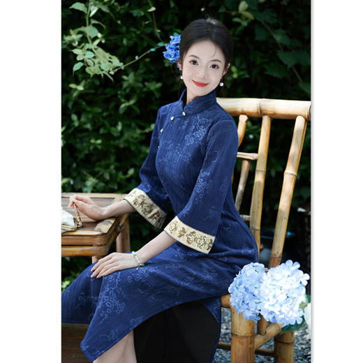 时尚拼接提花，复合超柔长款倒大袖旗袍GX-23027 商品图2