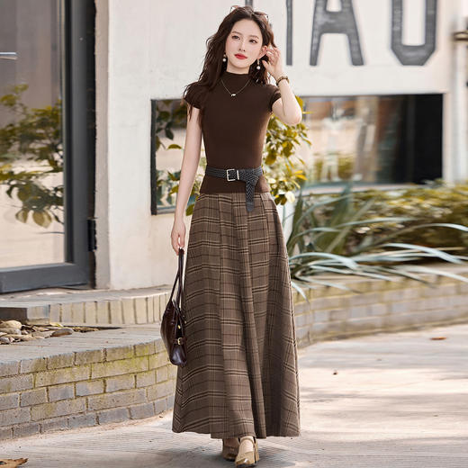 XM918时尚休闲套装2025秋季新款女装系带针织衫格子半裙两件套裙 商品图2