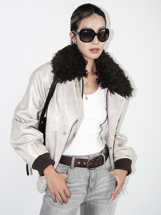 TR她热 型走都市 水泥白PU皮可拆卸毛领复古水洗皮夹克外套 商品图0