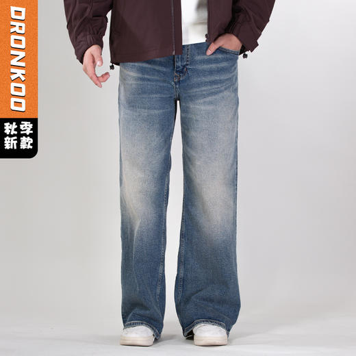 DRONKOO 2025 正常腰微吊磨复古洗水直筒中厚牛仔长裤 商品图0