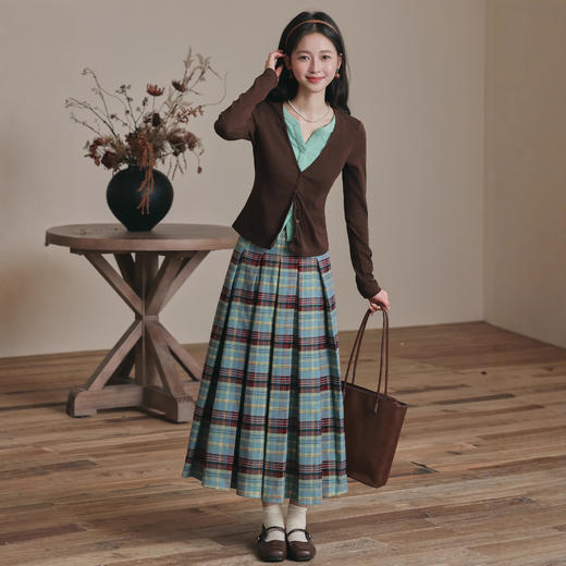 秋冬设计感穿搭复古显瘦针织杉假两件上衣格纹百褶长裙两件套 商品图3