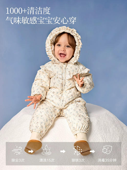 Domiamia 男女宝宝羽绒花边连帽连体衣 婴幼儿白鹅绒秋冬超轻羽绒连体衣 商品图1