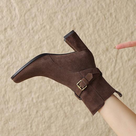 【预售5天】美拉德复古女靴粗跟方头皮带扣侧拉链短靴牛翻皮时尚高跟切尔西靴FDME&FD8357 商品图2