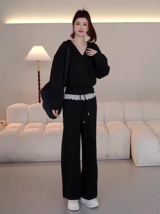 【秋上新】（套装）808黑色连帽上衣➕蕾丝边直筒裤两件套-喜出 商品图7