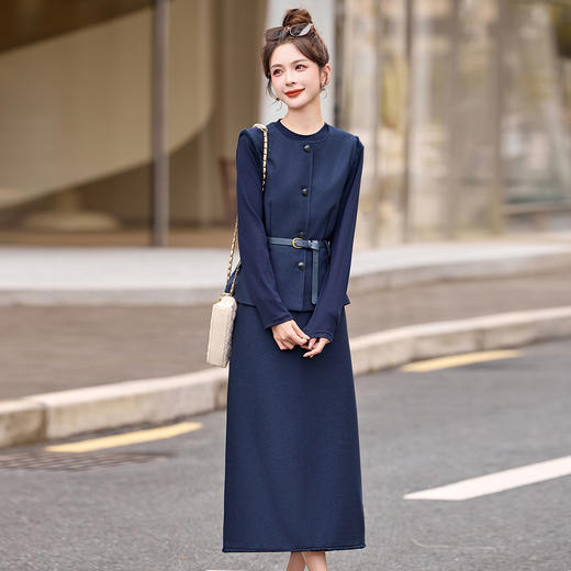 HR YBX8609韩系气质毛边马甲套装系带收腰半身裙三件套 商品图3