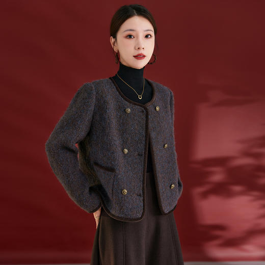QS25秋冬新款经典小香风复古拼接羊毛混纺复古圆领外套女上衣1781 商品图1