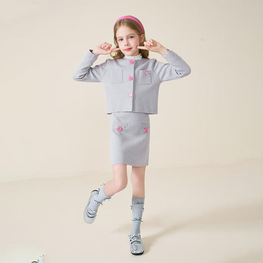 mettekids儿童100%羊毛衫2025秋冬小香风针织开衫女童短裙套装 商品图4
