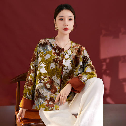 QS秋冬新款25真丝丝绒烫金印花外套女新中式复古上衣1805 商品图3