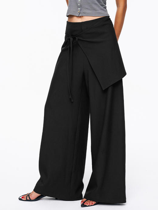 TR她热 时髦通勤 黑色假两件系带围裹松弛百搭休闲西装阔腿裤 商品图1