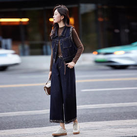 GE2577套装2025秋季新款复古花边宽松显瘦马甲阔腿牛仔裤两件套