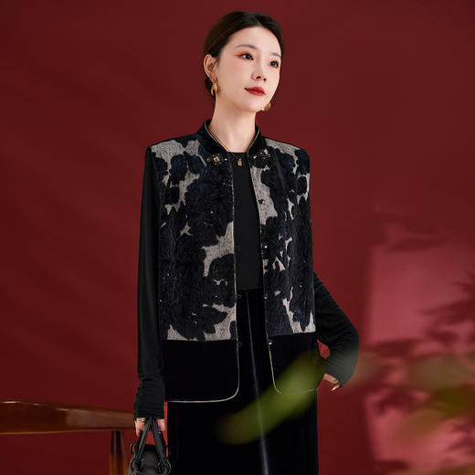 QS秋冬新款新中式马甲撞色设计100桑蚕丝丝绒上衣女百搭日常款1779 商品图3