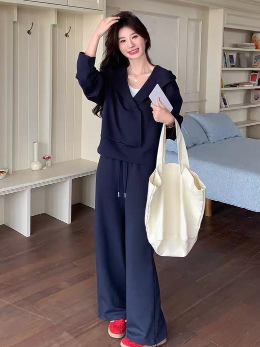 【秋上新】（套装）808黑色连帽上衣➕蕾丝边直筒裤两件套-喜出 商品图3