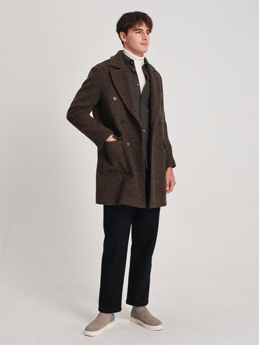 callisto雪茄棕双色斜织纹双排扣大衣 商品图1