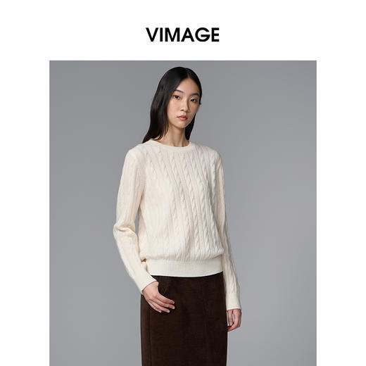 VIMAGE纬漫纪绵羊毛时尚长袖复古圆领绞花针织衫上衣2025秋季新款V2401106 商品图1