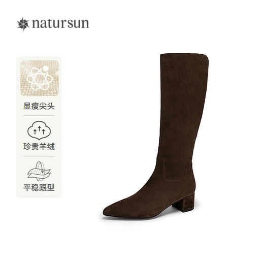 natursun复古弹力靴女士冬季新款尖头显瘦长筒靴子粗跟瘦瘦靴N25556706 商品图0