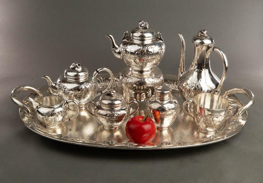 独角鹿西洋古董20世纪早期日本横滨武士商会Samurai Shokai签名出品鸢尾花主题纯银精雕咖啡茶具套件 商品图1