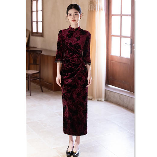 高档婚礼妈妈旗袍显瘦，婚宴丝绒长款旗袍GX-211090 商品图3