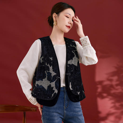 QS真丝丝绒新中式马甲简约日常秋季新款高品质上衣女61237 商品图0