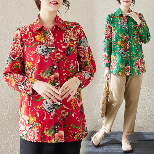 GYH 8801民族风东北大花布休闲宽松长袖衬衫 商品图0