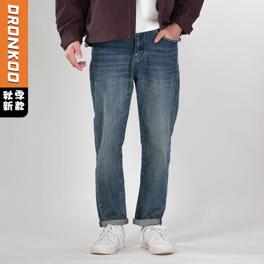 DRONKOO 2025 正常腰前左袋后右袋绣双色线绿色细节中厚牛仔长裤 商品图0