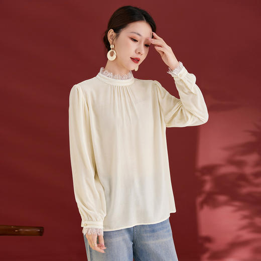 QS真丝丝绒秋季新款法式气质立领褶皱时尚花边套头长袖上衣女1873 商品图2