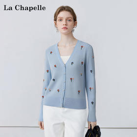 会员福利【云感软糯+重工刺绣】拉夏贝尔/La Chapelle2025秋季新款圆领刺绣花朵珍珠扣毛衣开衫软糯舒适针织外套