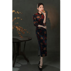 复古民国风长款，丝绒中袖旗袍GX-209643