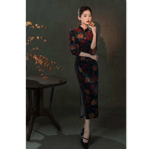 复古民国风长款，丝绒中袖旗袍GX-209643 商品图0
