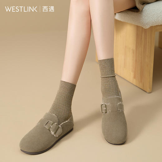 西遇复古勃肯鞋女新款冬季加绒两穿一脚蹬毛毛鞋保暖外穿棉鞋D0034407 商品图2