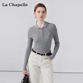 天猫同步【绵羊毛+桑蚕丝】拉夏贝尔/La Chapelle复古polo领兔子刺绣针织衫女秋季新款软糯洋气长袖打底外穿上衣