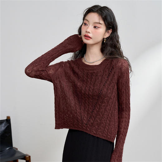 甜美温柔慵懒感长袖圆领针织衫女轻薄短款罩衫毛衣V0042881 商品图1