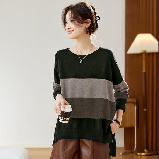 QDJD3036圆领条纹毛衣女秋冬2025新款宽松慵懒风小 个子针织打底衫上衣 商品图0