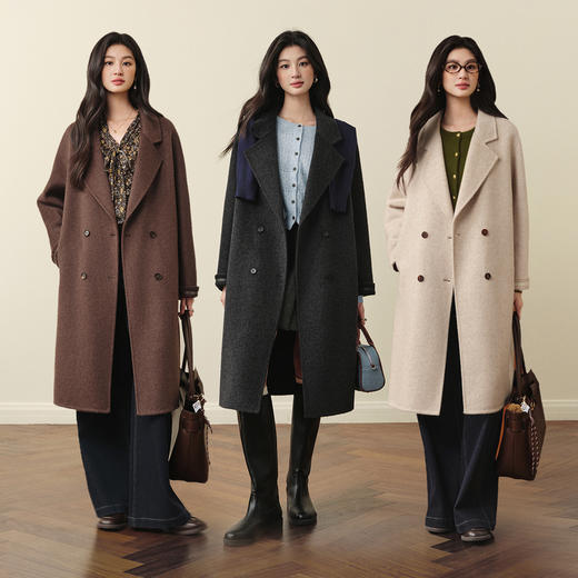 【严选】诗凡黎绵羊毛翻领长款大衣2025秋冬新款双排扣气质通勤双面呢外套7G8170731D 商品图1