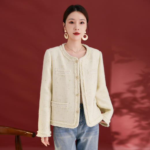 QS法式小香风桑蚕丝短外套2025秋冬新款高级感显瘦白色上衣女1207 商品图1