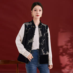 QS秋冬新款新中式马甲撞色设计100桑蚕丝丝绒上衣女百搭日常款1779