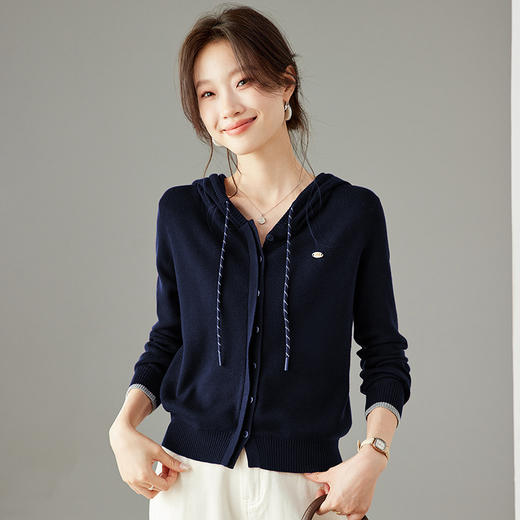 SC6-5811 2025秋季新款韩版连帽针织开衫女休闲外套薄款卫衣单排扣百搭上衣 商品图3