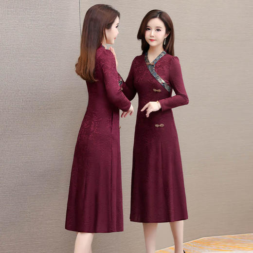 喜婆婆婚宴礼服旗袍裙，改良复古裙中长款长衩提花连衣裙QYM-LRX-J5C528-Y 商品图2