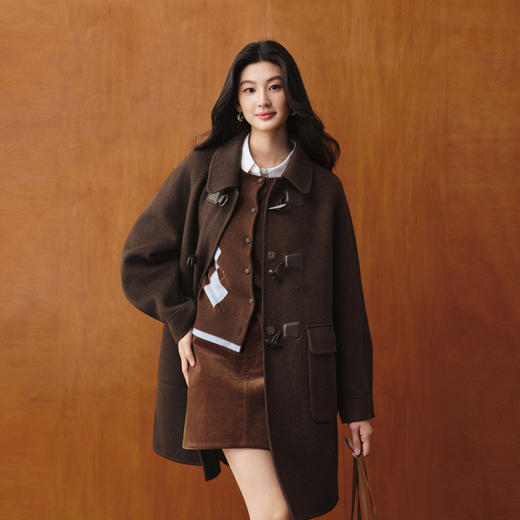 【严选】诗凡黎羊驼毛复古牛角扣双面呢大衣2025秋新款利落通勤廓形外套7G9170161 商品图2
