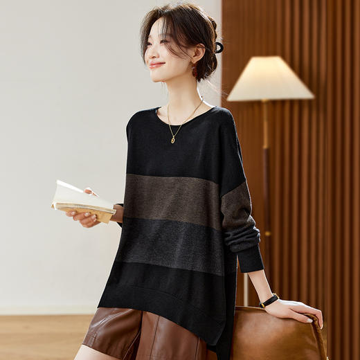 QDJD3036圆领条纹毛衣女秋冬2025新款宽松慵懒风小 个子针织打底衫上衣 商品图3