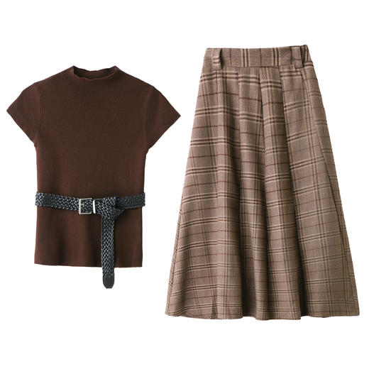 XM918时尚休闲套装2025秋季新款女装系带针织衫格子半裙两件套裙 商品图4