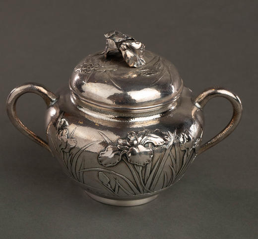 独角鹿西洋古董20世纪早期日本横滨武士商会Samurai Shokai签名出品鸢尾花主题纯银精雕咖啡茶具套件 商品图4