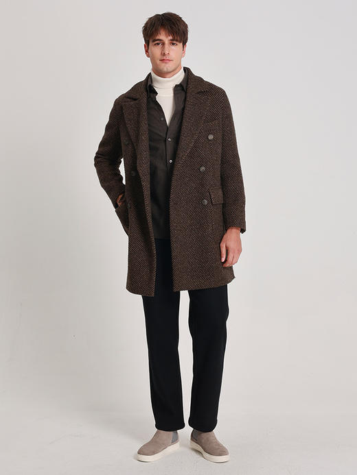 callisto雪茄棕双色斜织纹双排扣大衣 商品图0