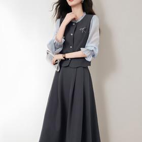 法式假两件上衣套装，拼接外套搭半身裙两件套LJX-857