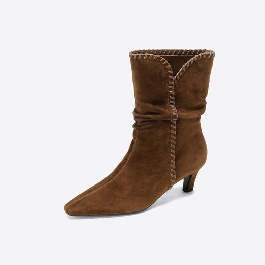 westory2025年冬季小方头猫跟堆褶宽筒靴波西米亚风西部靴一脚蹬中筒靴S25DC85951 商品图8