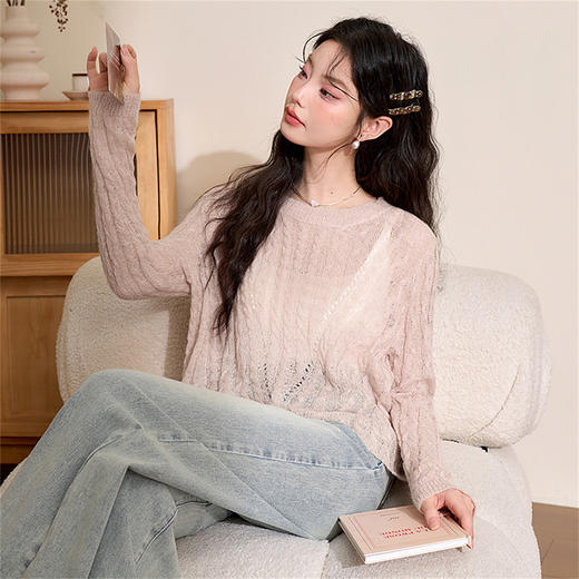 甜美温柔慵懒感长袖圆领针织衫女轻薄短款罩衫毛衣V0042881 商品图5