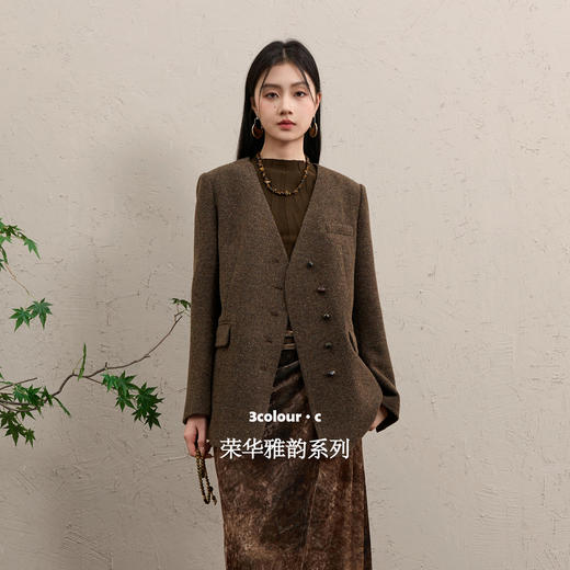 三彩【花雨潇湘】2025冬季新款呢大衣绵羊毛呢外套宽松中长款V领C 商品图1