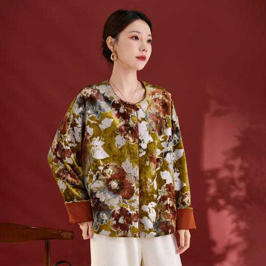 QS秋冬新款25真丝丝绒烫金印花外套女新中式复古上衣1805 商品图1