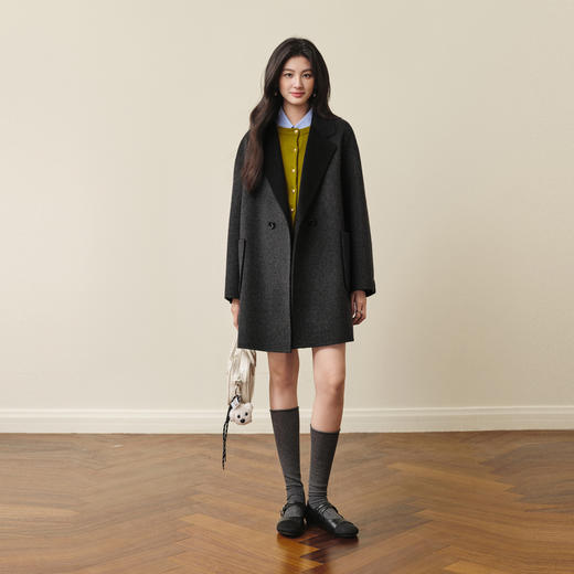 【严选】诗凡黎西装领宽松廓形大衣2025秋冬新款绵羊毛显瘦通勤双面呢外套7G9370211 商品图1